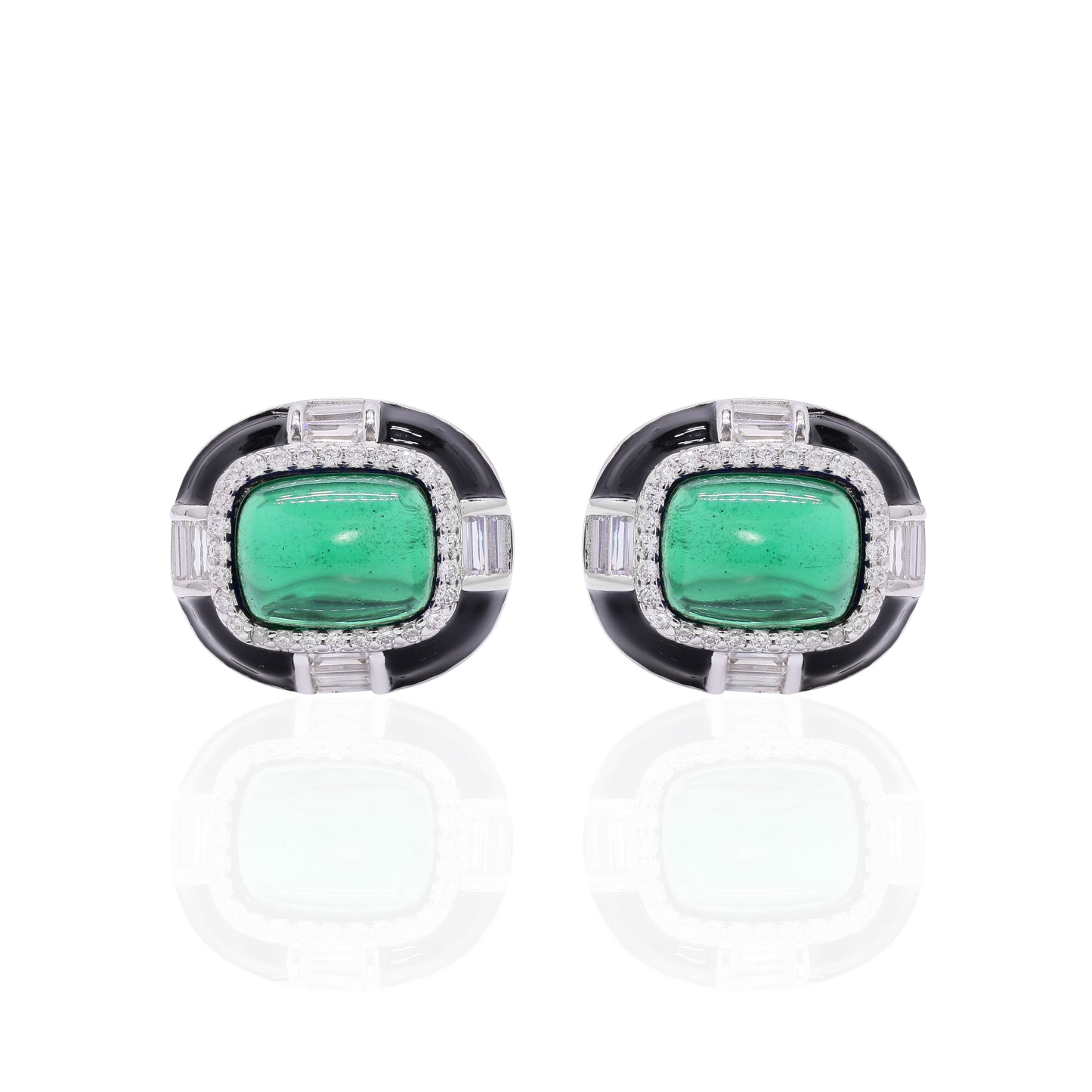 Ultra Premium Emerald Cabochon Black Onyx Stud Earrings on Pure 925 Silver