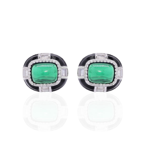 Ultra Premium Emerald Cabochon Black Onyx Stud Earrings on Pure 925 Silver