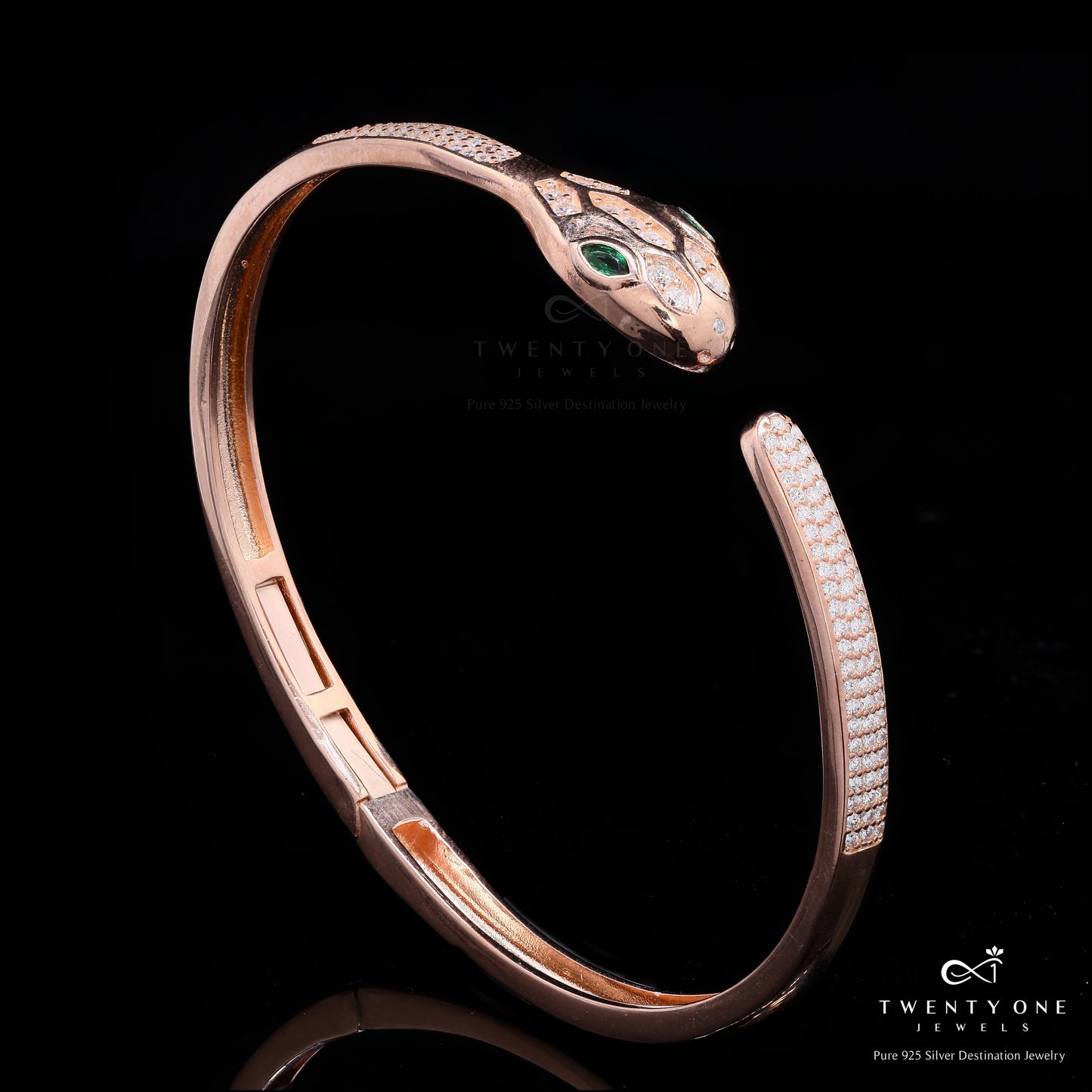 Luxury Brand Inspired Rose Gold Serpent Openable Bracelet with Micro Setting American Diamonds and Green Emerald Eye Detailing on Pure 925 Silver