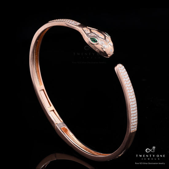 Luxury Brand Inspired Rose Gold Serpent Openable Bracelet with Micro Setting American Diamonds and Green Emerald Eye Detailing on Pure 925 Silver