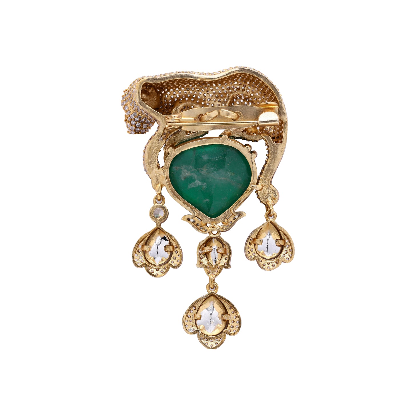 TOJ Everyday - Antique Gold Finish Jaguar Unisex Brooch for Men and Women with Polki and Green Emerald Detailing