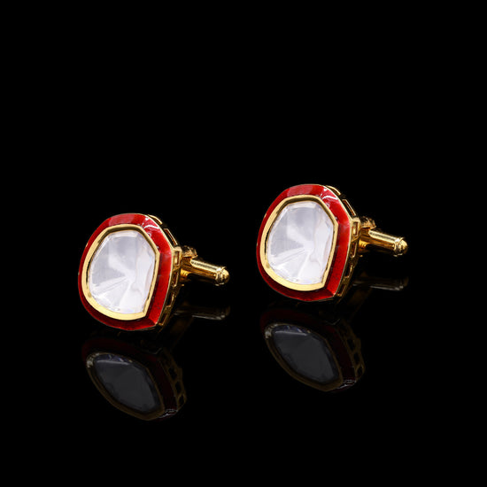 Glazed Red Enamel Gold Finish Polki Diamond Mens Cuff Link Pair