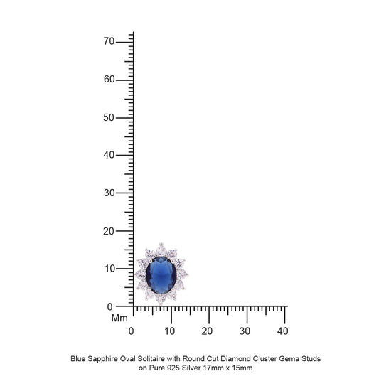 Blue Sapphire Oval Solitaire with Round Cut Diamond Cluster Gema Studs on Pure 925 Silver