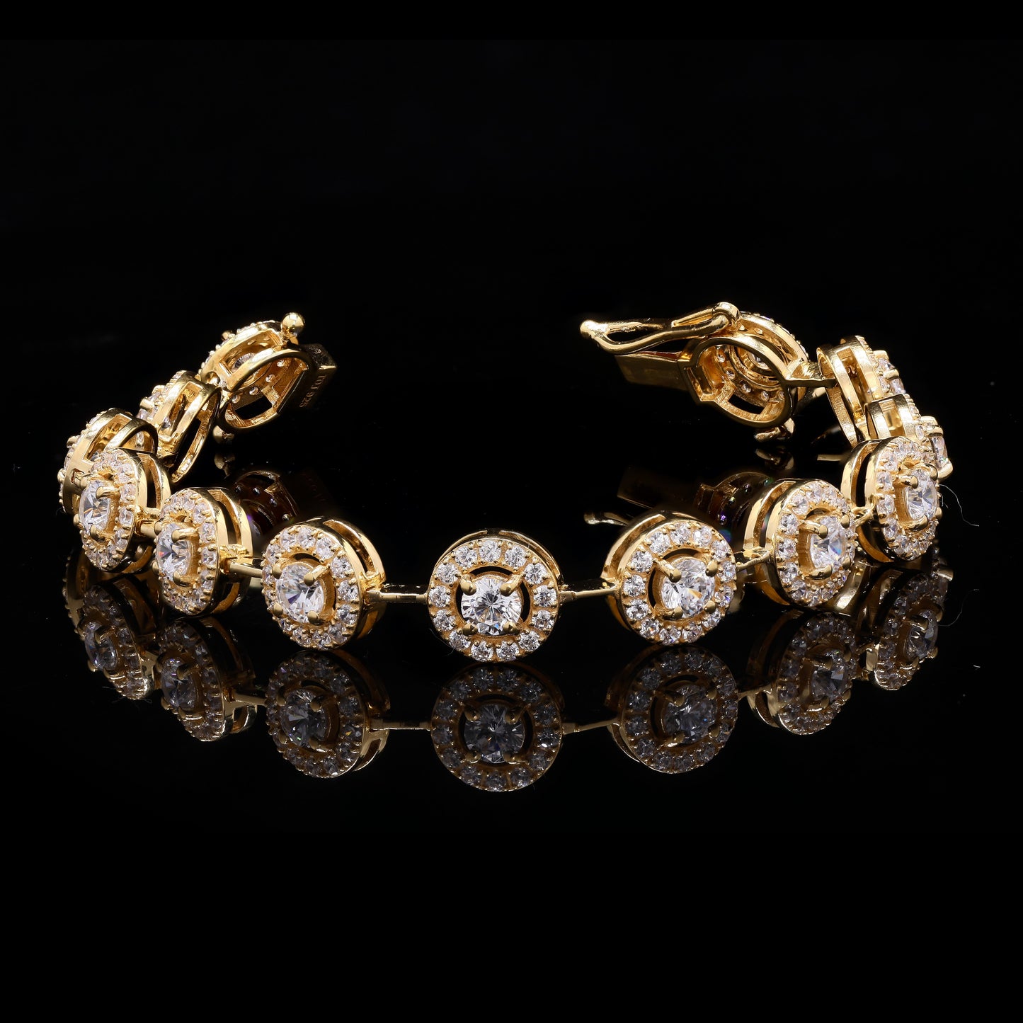 18K Gold Finish Premium Halo Tennis Bracelet with 25 Pointer Solitaires and Diamond Cluster on Pure 925 Silver