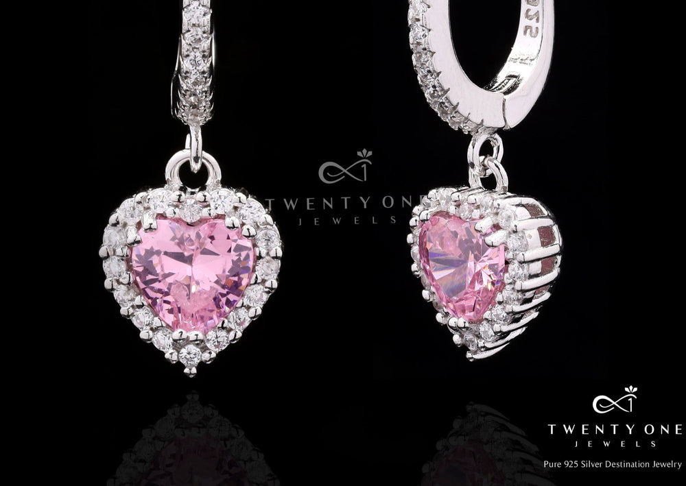Pink Heart Solitaire Diamond Studded Hanging Earrings on Pure 925 SILVER