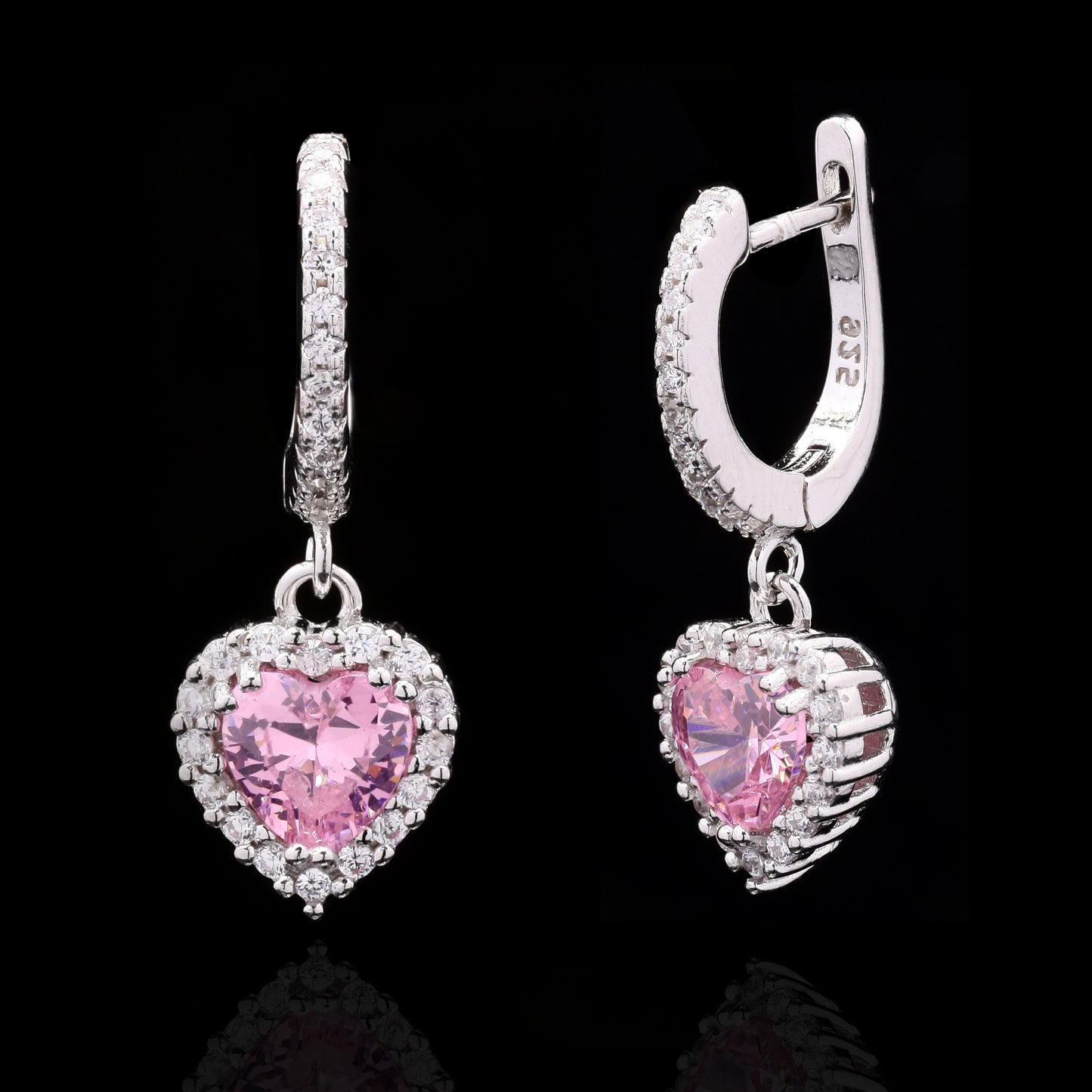 Pink Heart Solitaire Diamond Studded Hanging Earrings on Pure 925 Silver