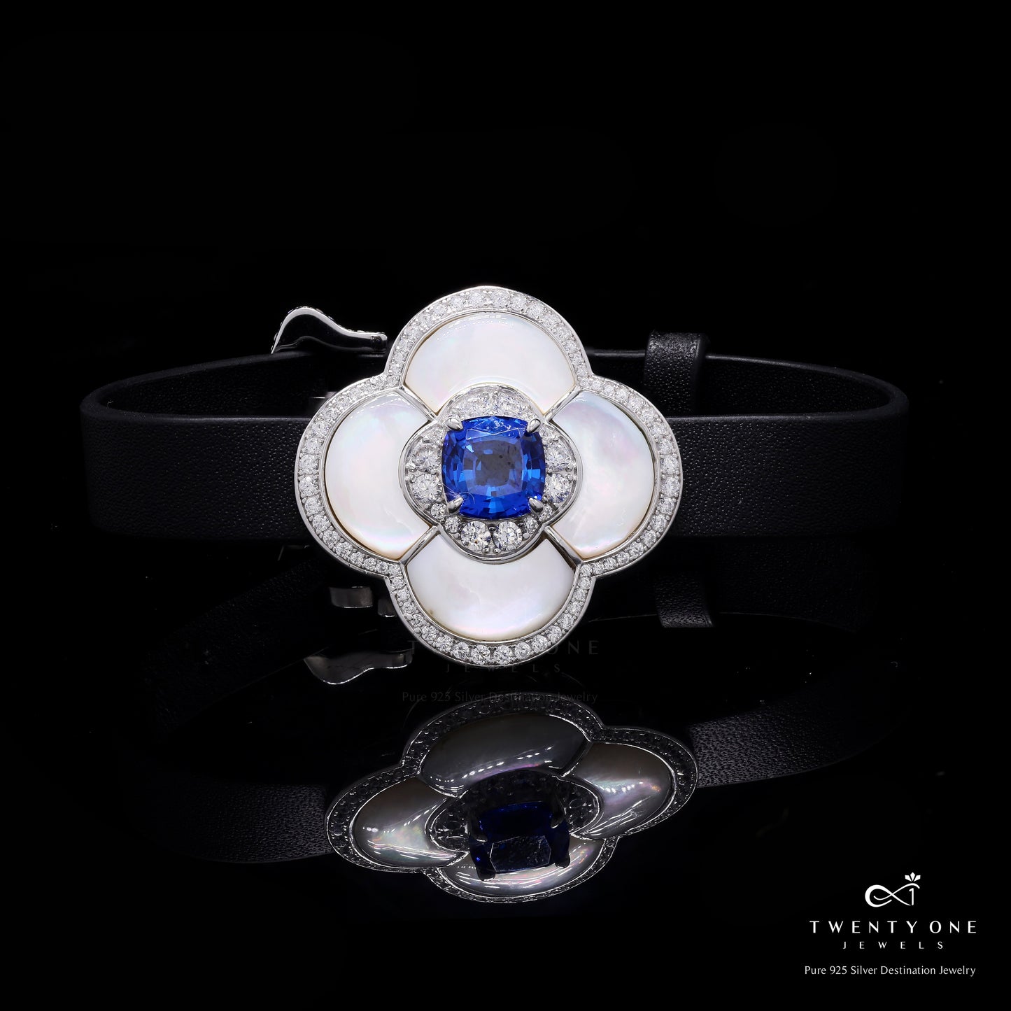 Premium Mother of Pearl and Blue Diamond Bracelet with Black Watch Strap on Pure 925 Silver