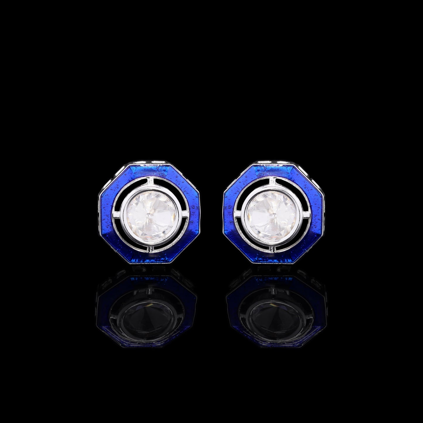 Glazed Blue Enamel Bezel Setting Polki Mens Cuff Link Pair