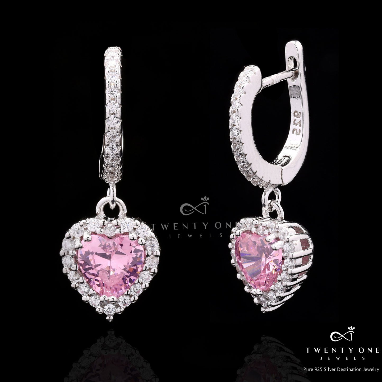 Pink Heart Solitaire Diamond Studded Hanging Earrings on Pure 925 Silver