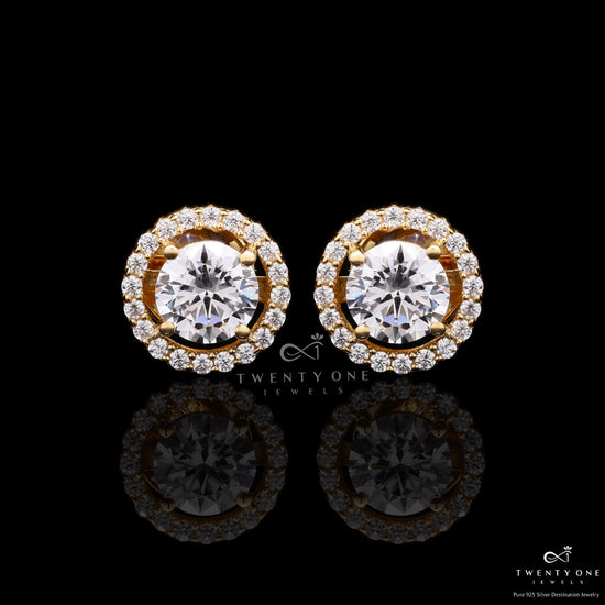 18k Gold Finish Classic Halo Studs On Pure 925 Silver with Premium Screw Backs