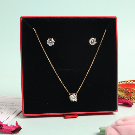The 18k Gold Finish Classic Solitaire Pendant Set with Premium Screw Back Studs on Pure 925 Silver ( 1 Year Warranty)