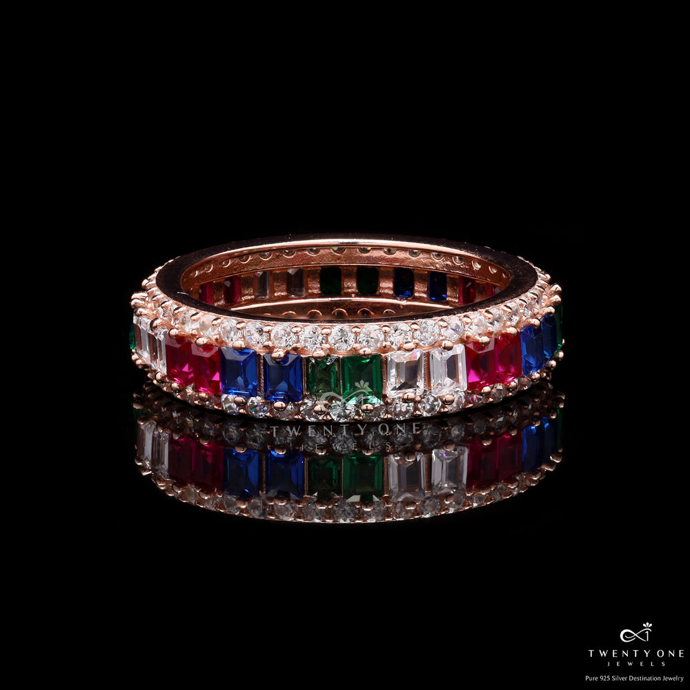 Rose Gold Multi Coloured Baguette Hailey Band Ring on 925 Silver