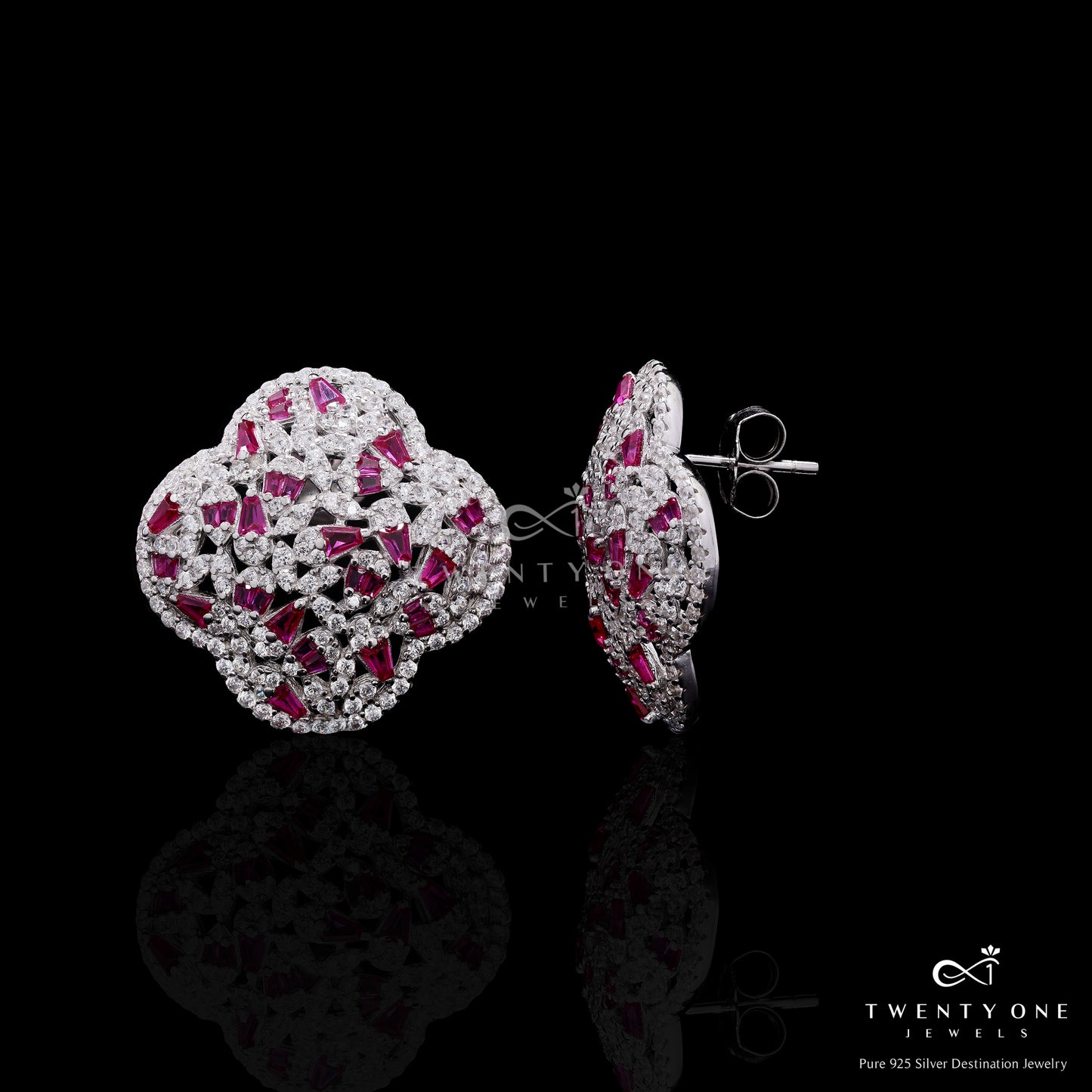Ultra Premium Cluster Clovia Stud Earrings with Ruby and American Diamond Taper Diamonds on Pure 925 Silver