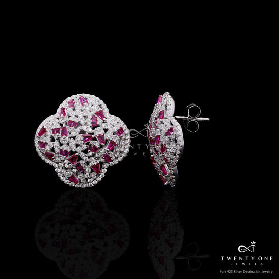Ultra Premium Cluster Clovia Stud Earrings with Ruby and American Diamond Taper Diamonds on Pure 925 Silver