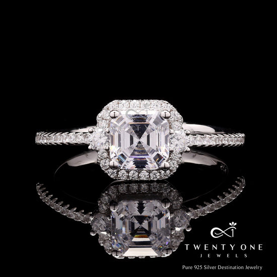 Ascher Cut Solitaire Wislie Ring with Square Halo on Pure 925 Silver