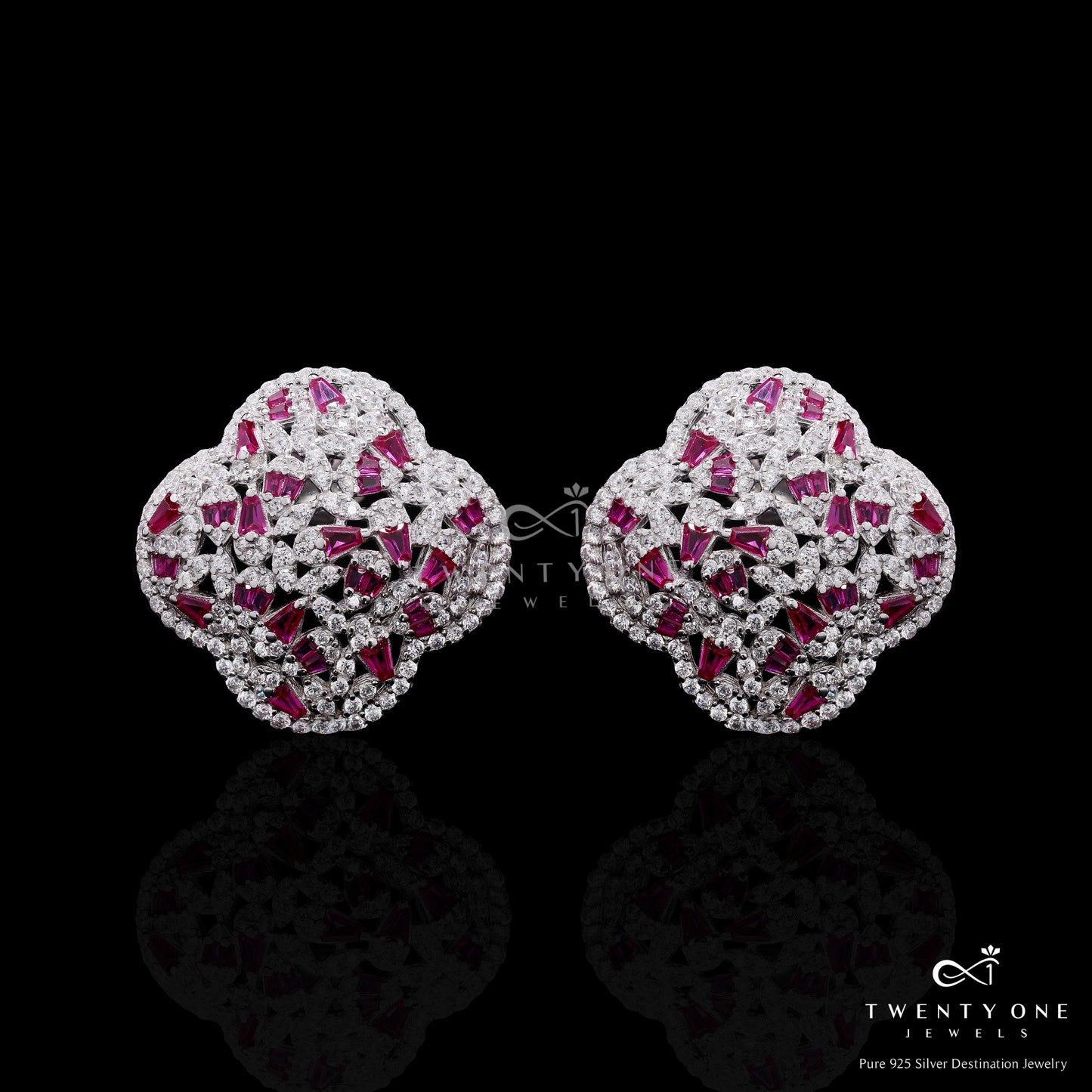 Ultra Premium Cluster Clovia Stud Earrings with Ruby and American Diamond Taper Diamonds on Pure 925 Silver