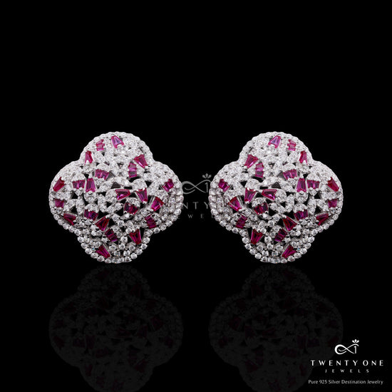 Ultra Premium Cluster Clovia Stud Earrings with Ruby and American Diamond Taper Diamonds on Pure 925 Silver