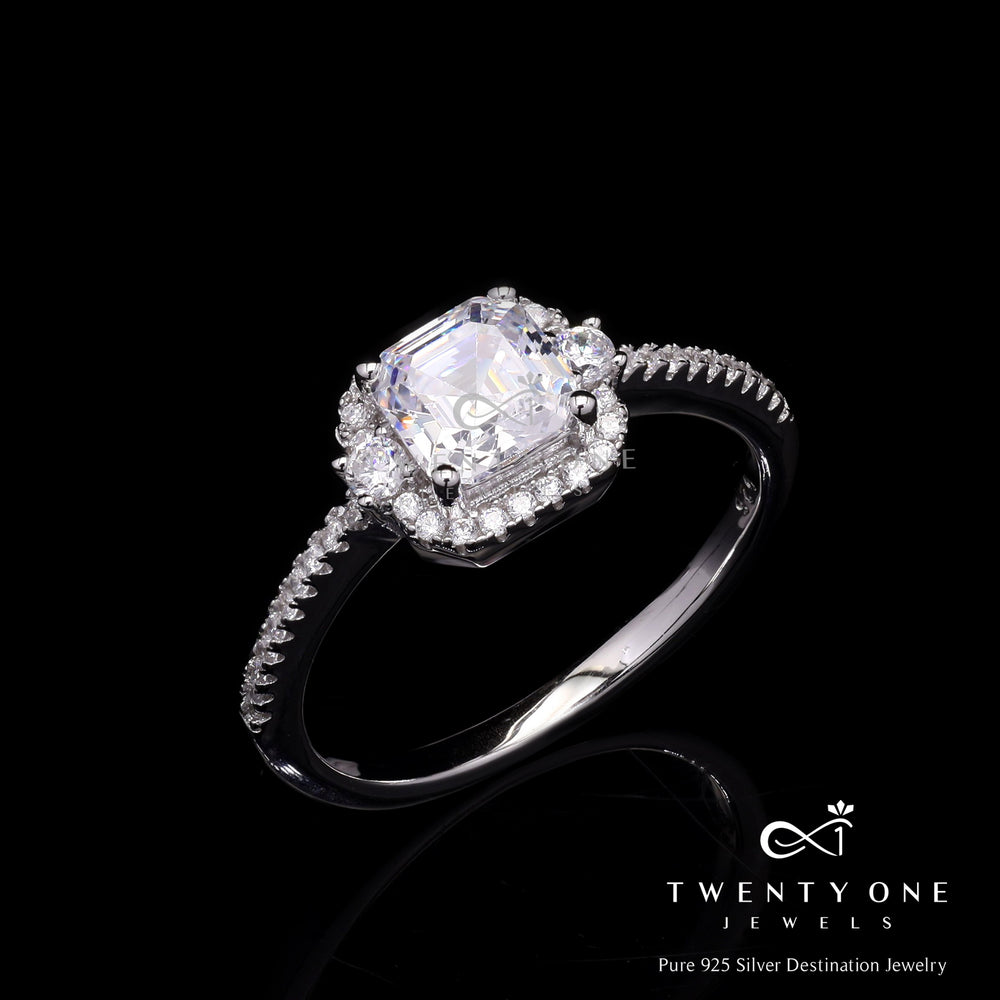 Ascher Cut Solitaire Wislie Ring with Square Halo on Pure 925 Silver