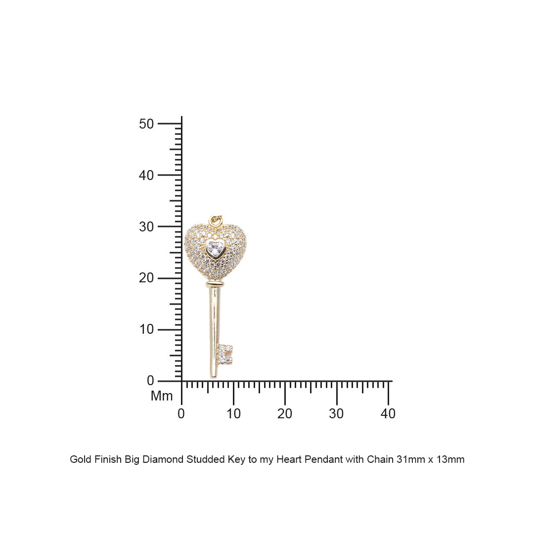 Premium Gold Finish Big Diamond Studded Key to my Heart Pendant with Chain on Pure 925 Silver