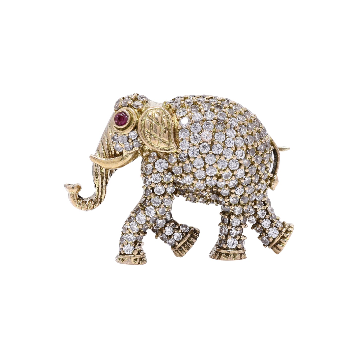 TOJ Everyday - Antique Gold Finish Diamond Studded Elephant Unisex Brooch with Ruby Detailing