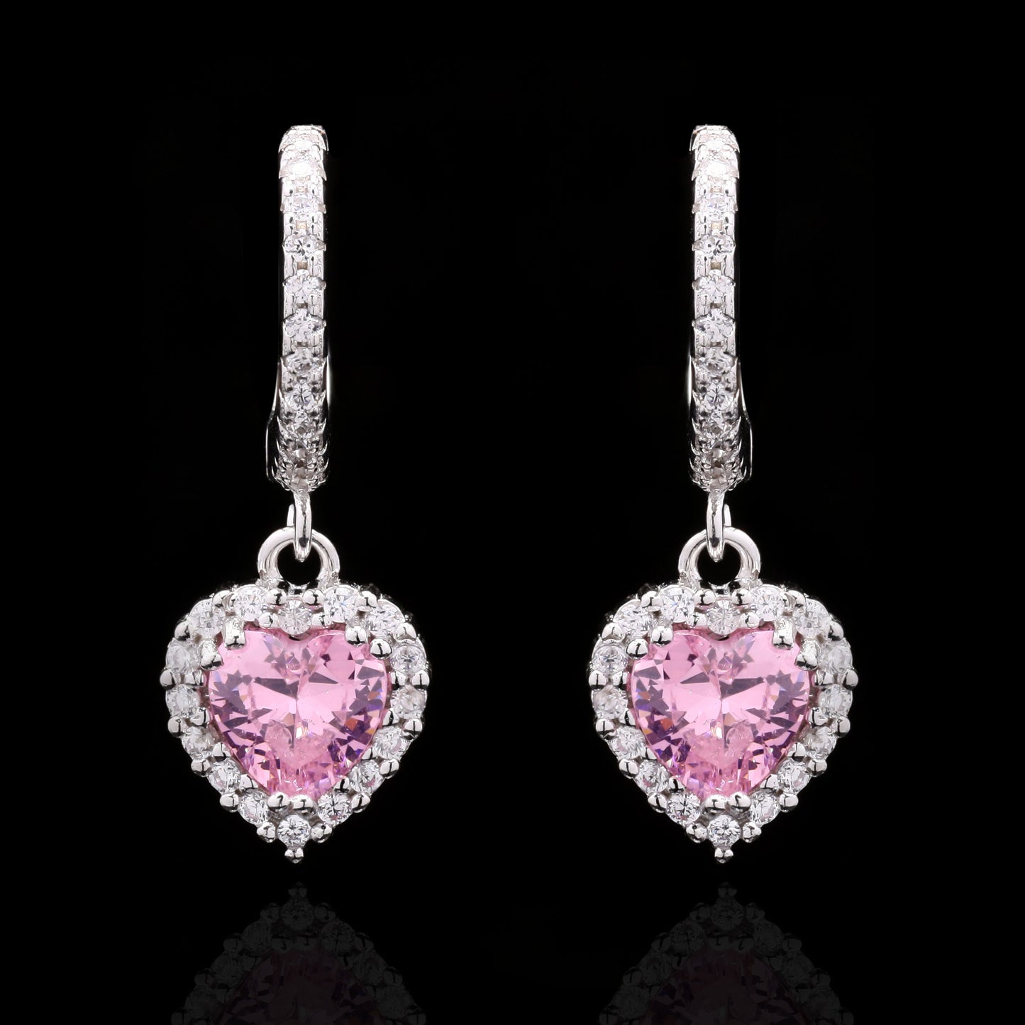 Pink Heart Solitaire Diamond Studded Hanging Earrings on Pure 925 Silver