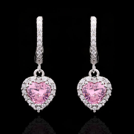 Pink Heart Solitaire Diamond Studded Hanging Earrings on Pure 925 Silver