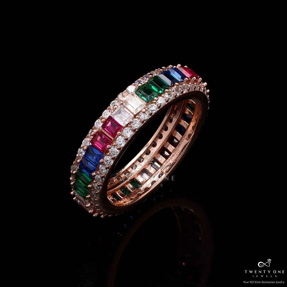 Rose Gold Multi Coloured Baguette Hailey Band Ring on 925 Silver