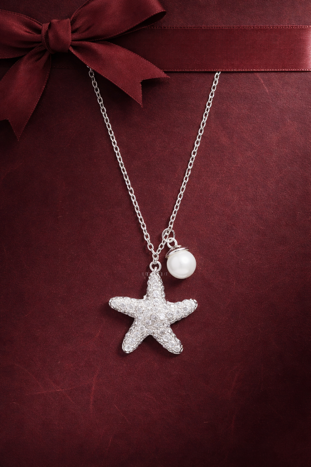 American Diamond Studded Star with Pearl Rylee Pendant with Chain on pure 925 Silver.