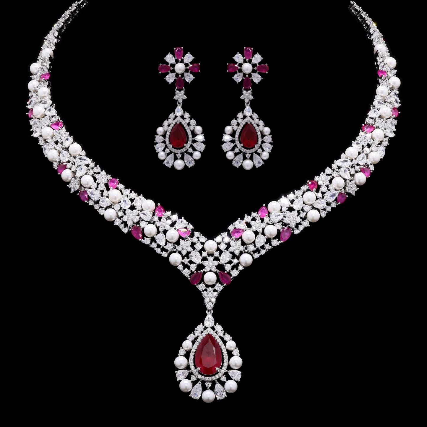 TOJ Everyday - Premium Ruby Drop and Fresh Water Pearl Nytara Necklace Set with Earrings