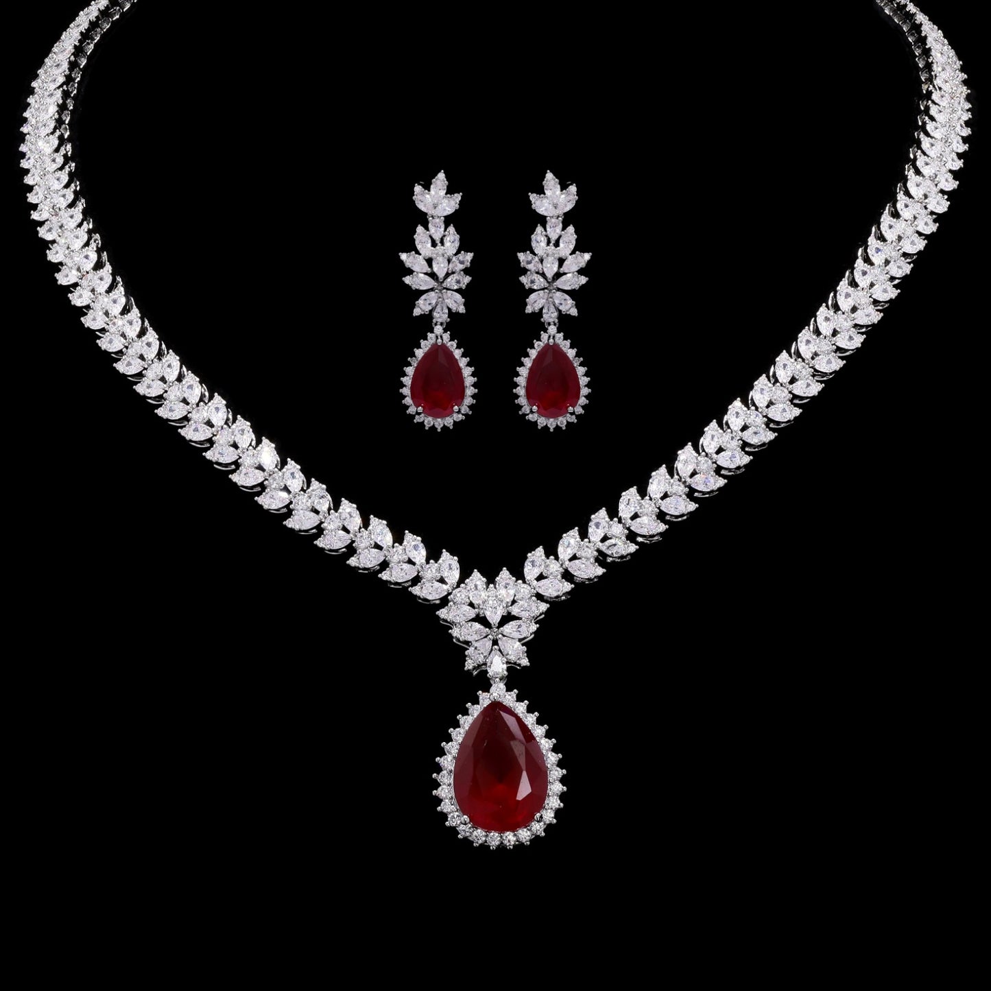 TOJ Everyday - Premium Ruby and Marquise Diamond Beyonce Necklace Set with Earrings