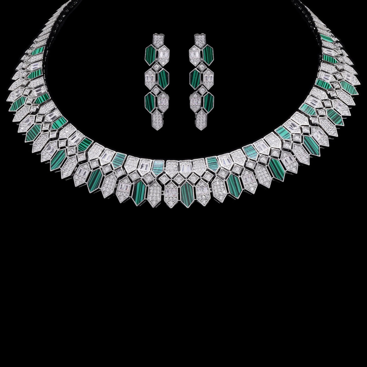 TOJ Everyday - Premium Italian Setting American Diamond and Green Malachite Kylie Necklace Set with Earrings