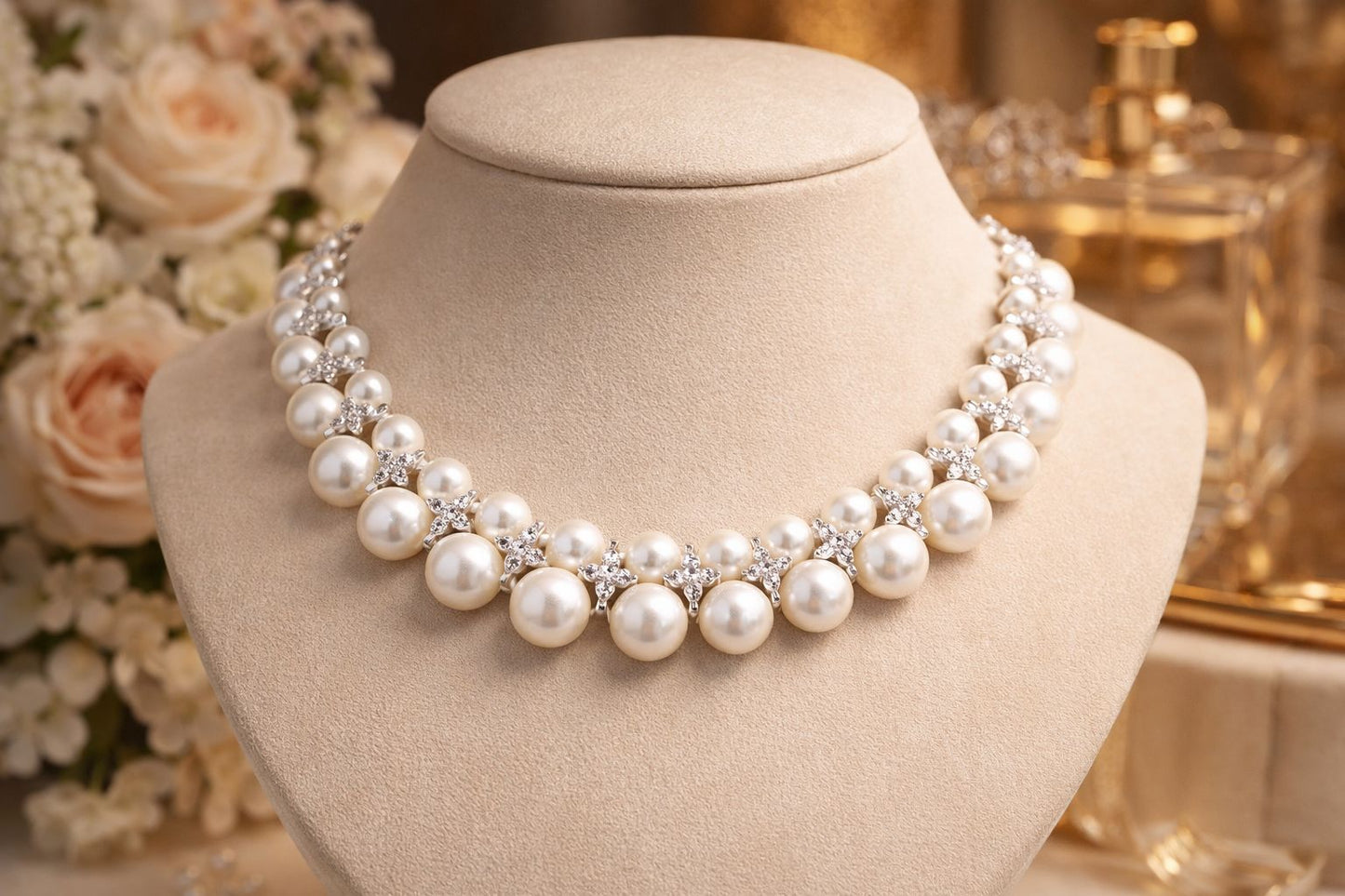 TOJ Everyday - Double Line White Natural Fresh Water Peal Necklace Set with American Diamonds for Women