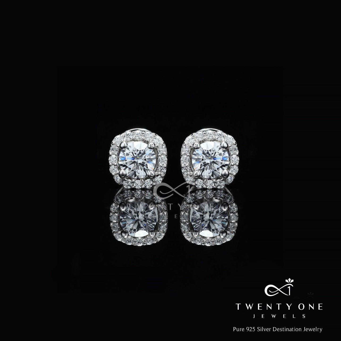 1 Carat Pair Deneese Square Border Solitaire Studs with Premium Screw Backs - White Gold Finish