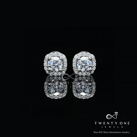 1 Carat Pair Deneese Square Border Solitaire Studs with Premium Screw Backs - White Gold Finish
