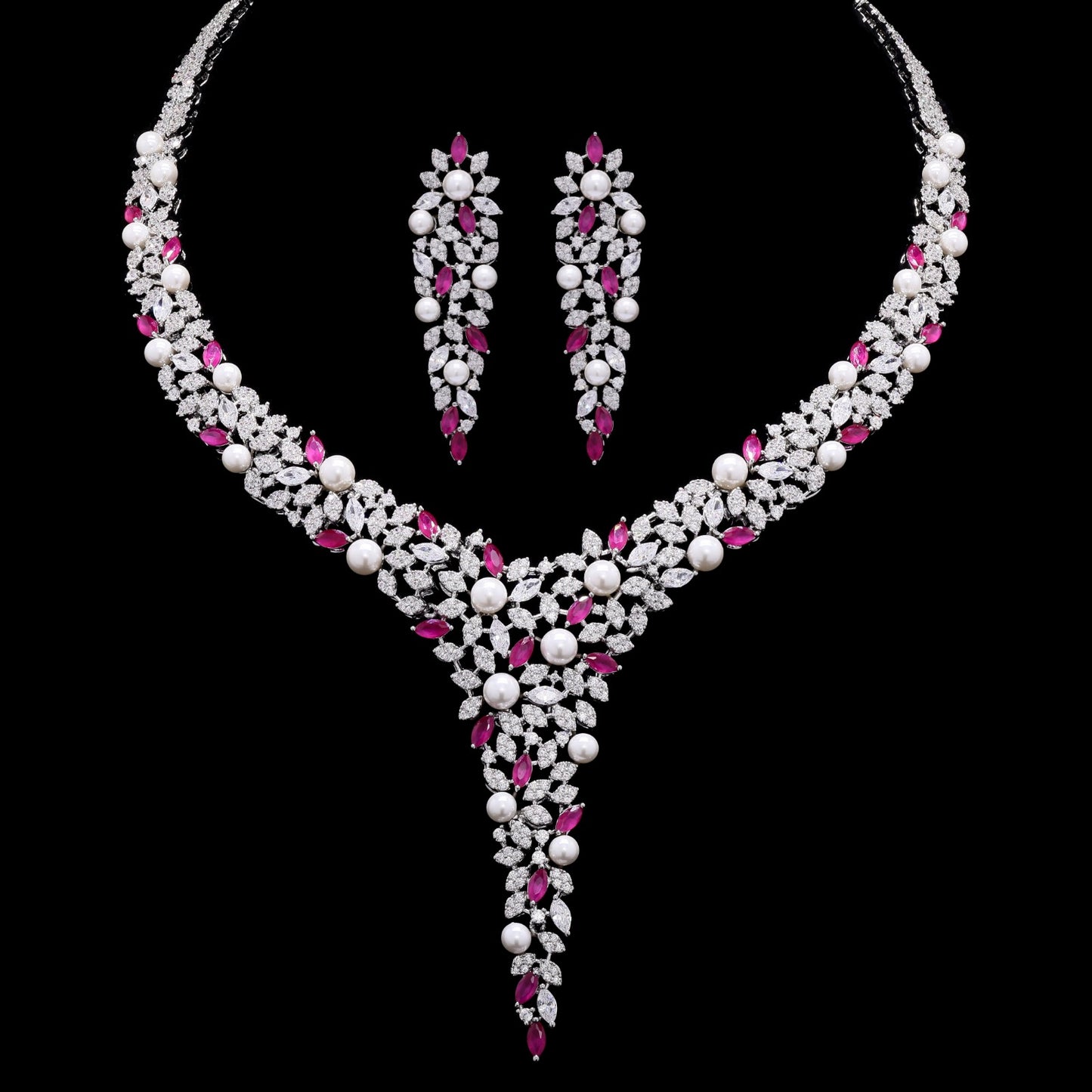 TOJ Everyday - Fresh Water Pearl and Ruby Cocktail Necklace Set with Earrings