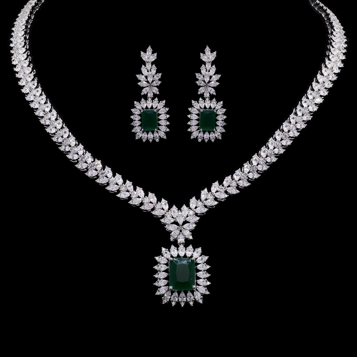 TOJ Everyday - Premium Emerald and Marquise Diamond Monaco Necklace Set with Earrings