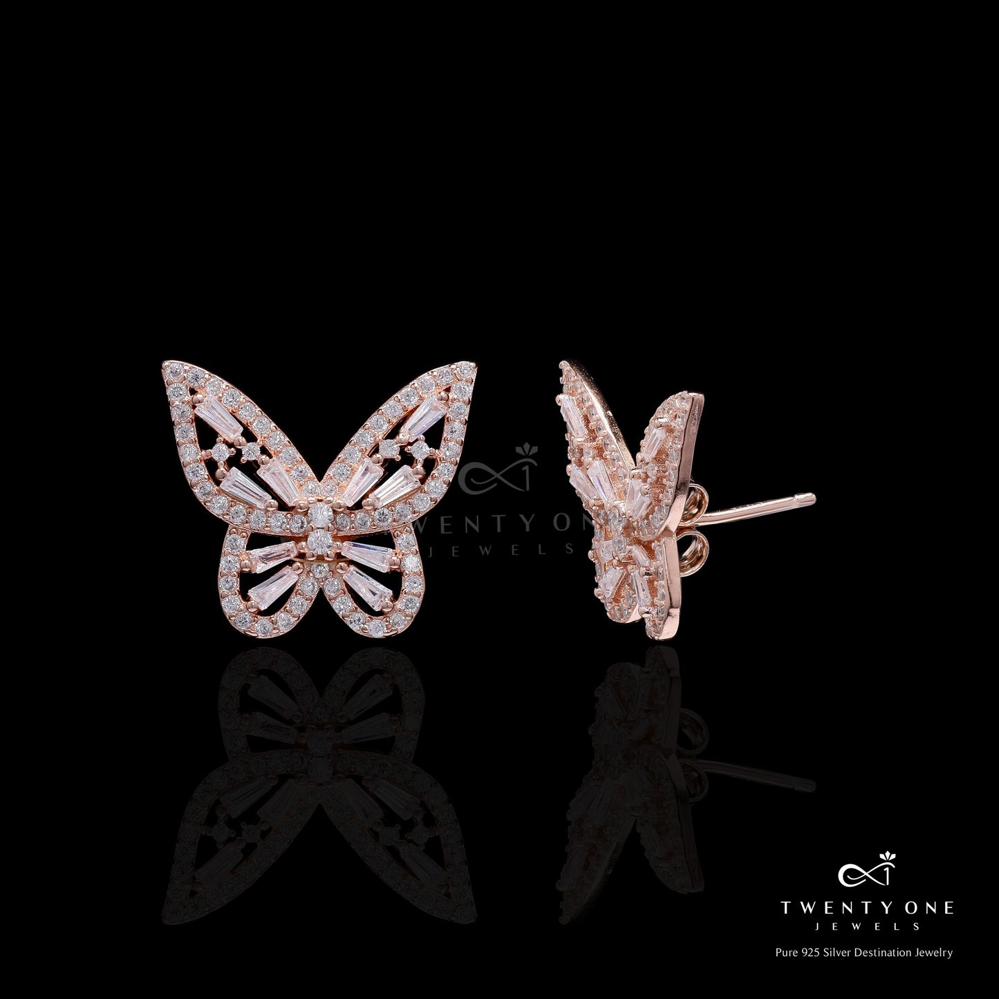 Rose Gold Butter Fly Earrings with American Diamond Tapers on Pure 925 Silver