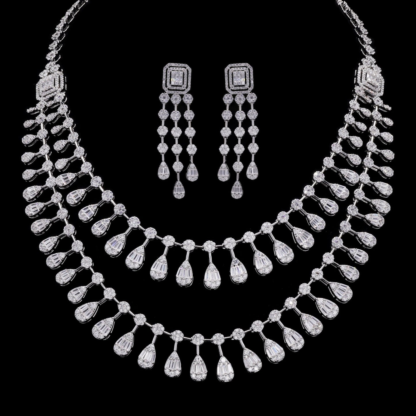 TOJ Everyday - Premium Double Layered Pressure Setting Drop Dora Necklace Set with Earrings