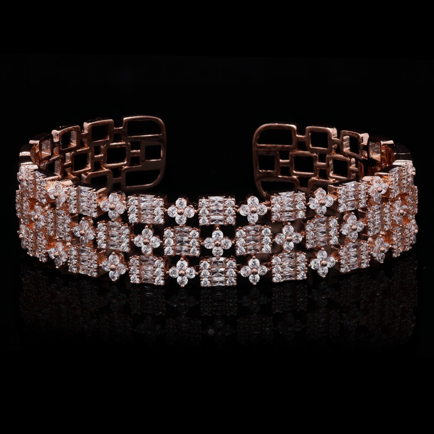 TOJ Everyday - Premium Rose Gold Finish American Diamond Baguette and Round Cut Pressure Setting Broad Bridal Openable Bracelet