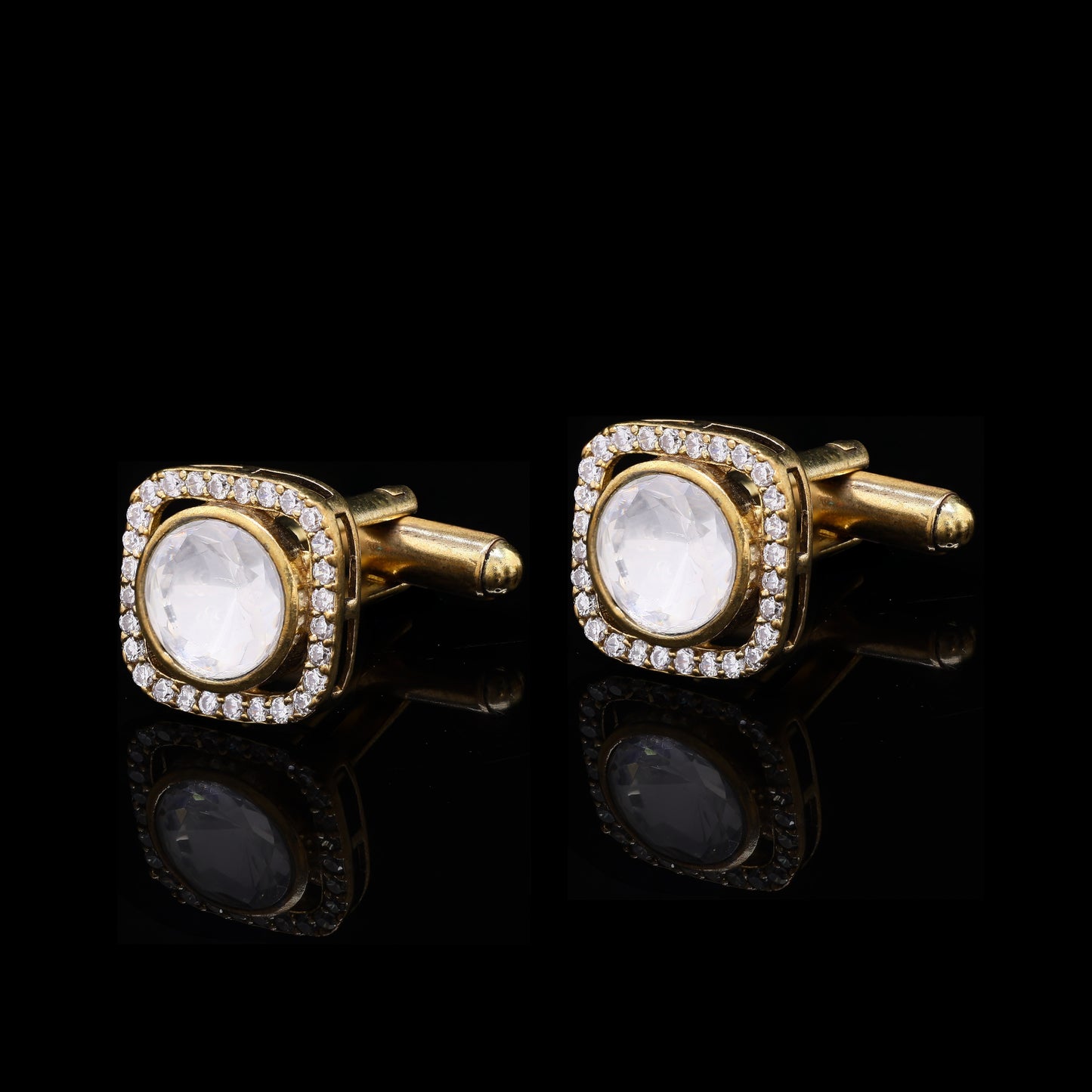 Gold Finish Square Halo Polki Cuff Link Pair for Men