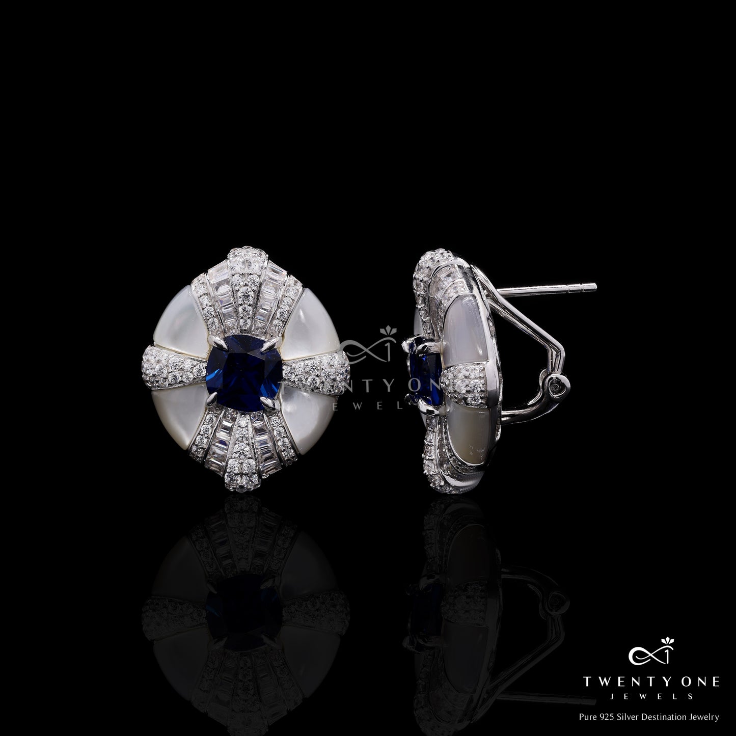 Ultra Premium Mother of Pearl Italian Setting Blue Sapphire Statement Stud Earrings on Pure 925 Silver