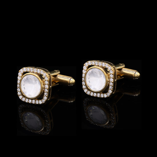 Gold Finish Square Halo Polki Cuff Link Pair for Men