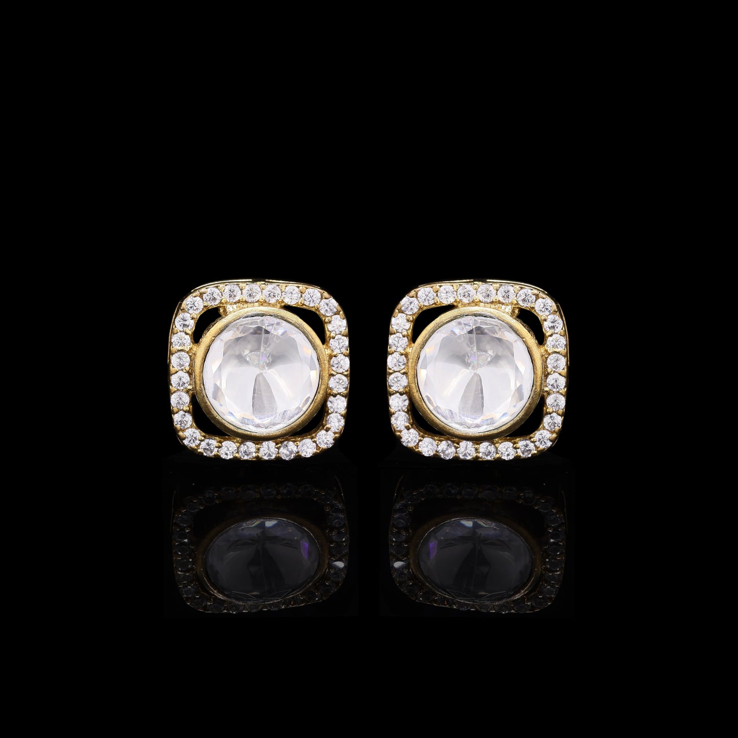 Gold Finish Square Halo Polki Cuff Link Pair for Men