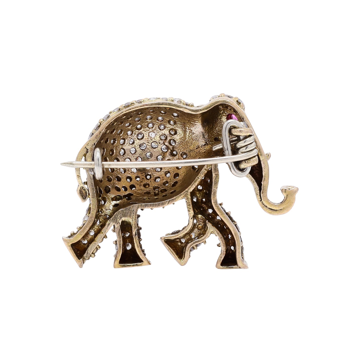 TOJ Everyday - Antique Gold Finish Diamond Studded Elephant Unisex Brooch with Ruby Detailing