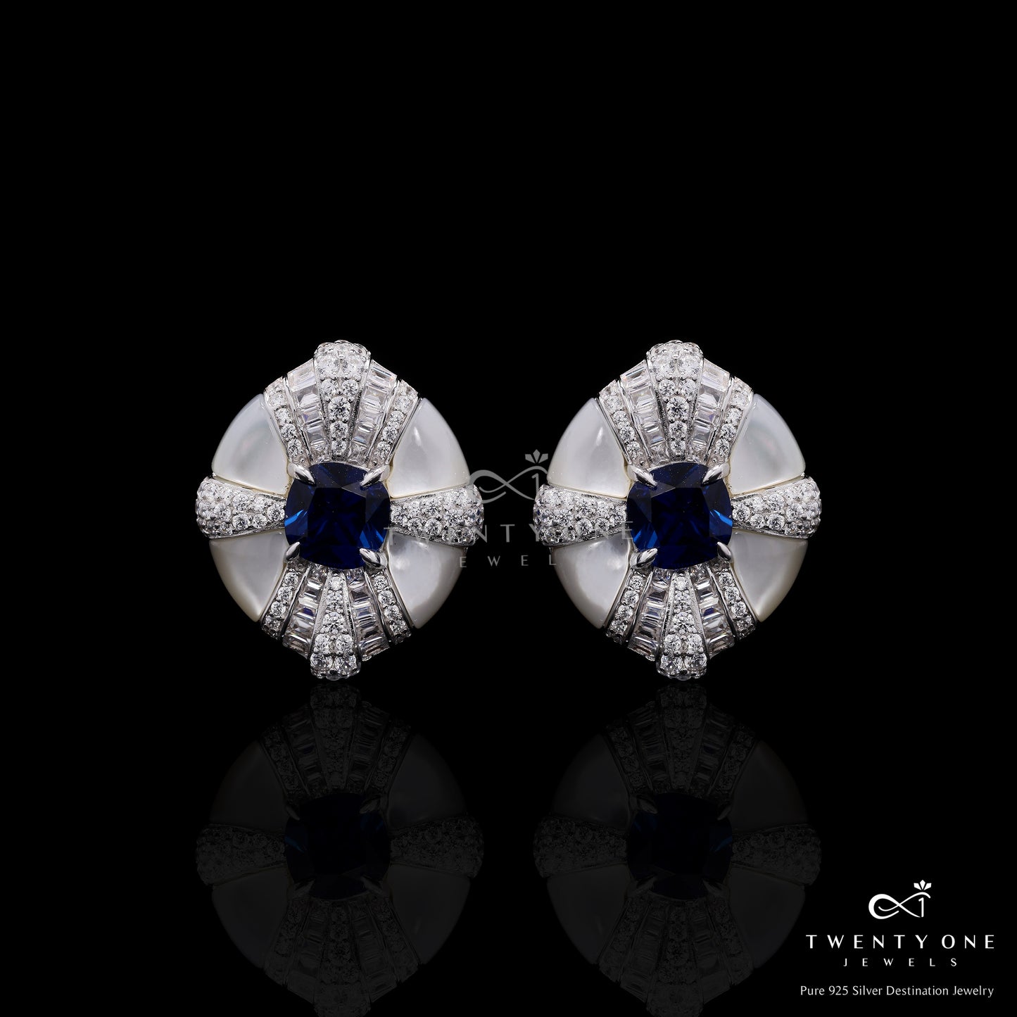 Ultra Premium Mother of Pearl Italian Setting Blue Sapphire Statement Stud Earrings on Pure 925 Silver