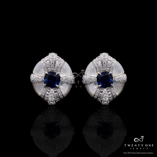 Ultra Premium Mother of Pearl Italian Setting Blue Sapphire Statement Stud Earrings on Pure 925 Silver