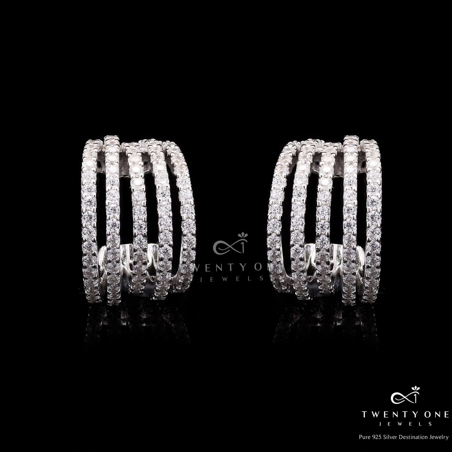 5 Line Diamond Studded Chunky Huggie Earrings on Pure 925 Silver