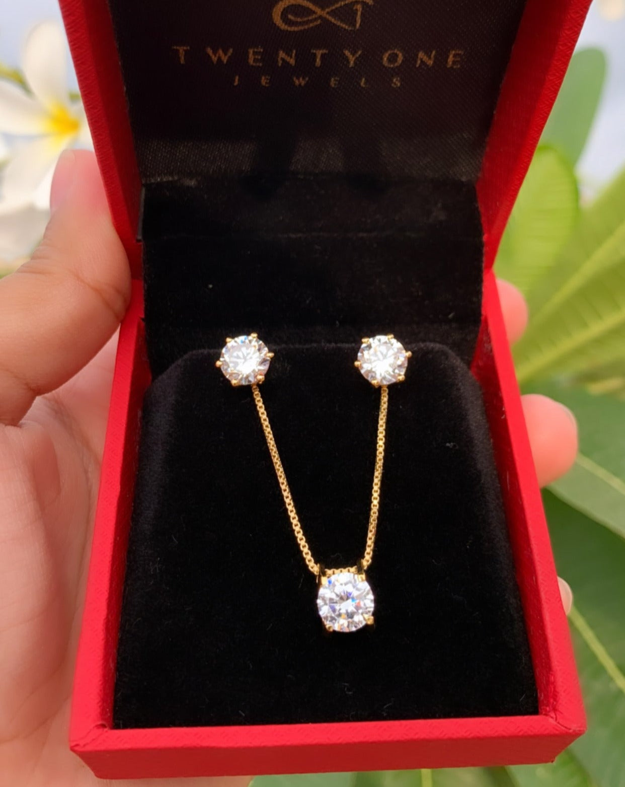 The 18k Gold Finish Classic Solitaire Pendant Set with Premium Screw Back Studs on Pure 925 Silver ( 1 Year Warranty)