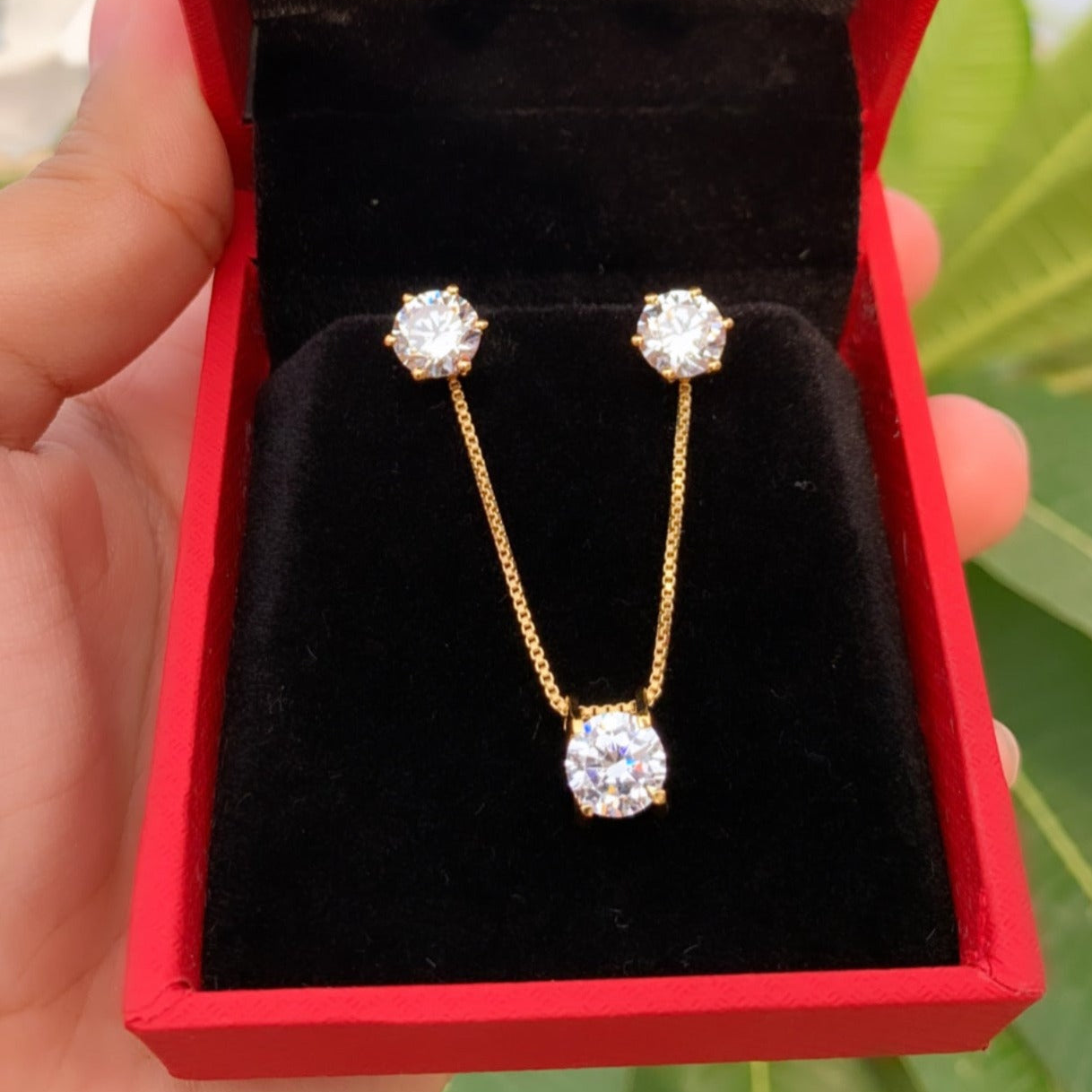 The 18k Gold Finish Classic Solitaire Pendant Set with Premium Screw Back Studs on Pure 925 Silver ( 1 Year Warranty)