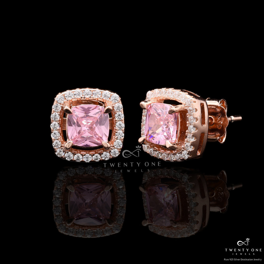 Rose Gold Pink Sapphire Solitaire Amina Studs on 925 Silver.